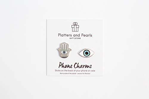 Metal Charm Stickers for Cell Phone Cases. Evil Eye and Hamsa Set of 2 Reusable & Removable Leaves No Residue. Universal Spiritual Symbols of Protection and Good Luck. (Evil Eye and Hamsa Hand.)