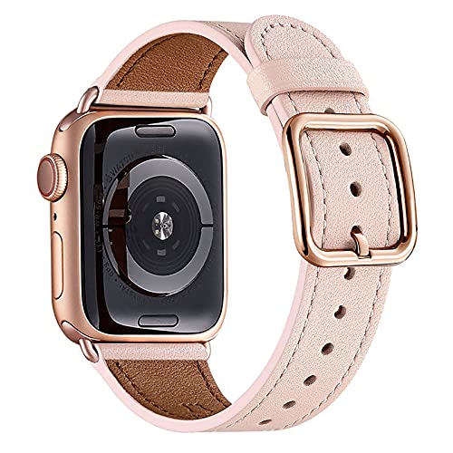 MNBVCXZ Compatible with Apple Watch Band 38mm 40mm 41mm 42mm 44mm 45mm 49mm Women Men Girls Boys Genuine Leather Replacement Strap for iWatch Series 8 7 6 5 4 3 2 1 iWatch Ultra SE (Pink Sand/Rose gold)