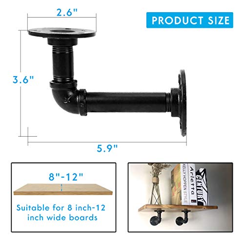 Industrial Pipe Shelf Brackets for Shelves 8 10 12 Inch, Black Metal L Pipe Floating Shelf Bracket - Heavy Duty Decorative Wall Shelving Bracket Rustic Farmhouse Vintage Style - 6 Pack