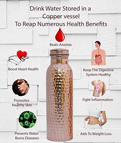 AUNERCART Hammered Copper Water Bottle 32 Oz Copper Vessel Lower Sugar Intake Enjoy Health Benefits Yoga Gym Sports Bottle