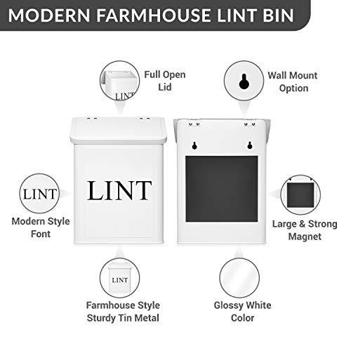 Calindiana Modern Farmhouse Metal Magnetic Lint Bin for Laundry Room Decor and Accessories with Lid and Laundry Room Organization and Storage Wall Mount Space Saving Washer and Dryer Trash Can, White