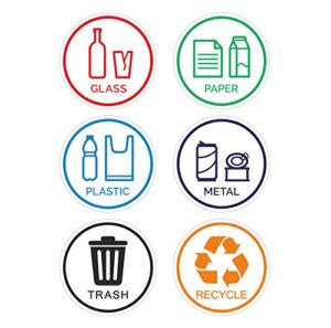 6 pack glass, paper, plastic, metal, trash, recycle sign stickers - self-adhesive vinyl decal recycle logos - eco-friendly trash can signs - 6" - indoor & outdoor use - waterproof & uv protected