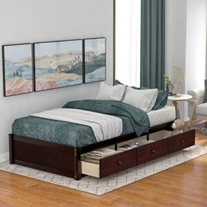 hooseng twin size platform storage bed with 3 drawers,no box spring needed, brown cherry
