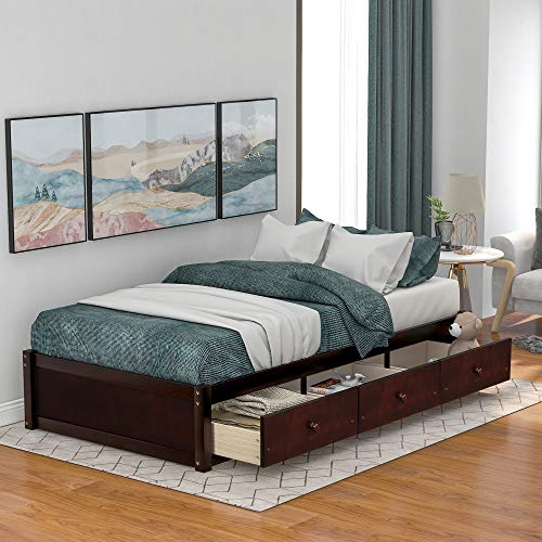 Hooseng Twin Size Platform Storage Bed with 3 Drawers,No Box Spring Needed, Brown Cherry