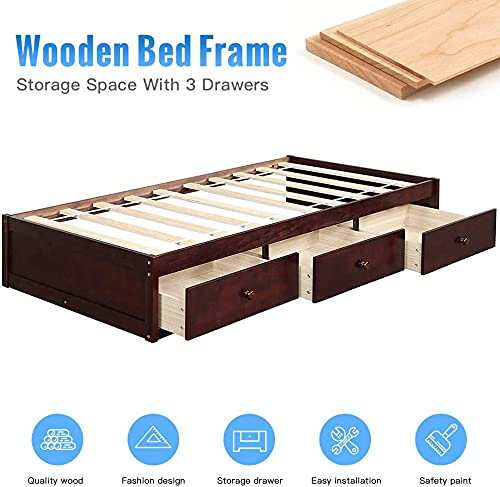 Hooseng Twin Size Platform Storage Bed with 3 Drawers,No Box Spring Needed, Brown Cherry