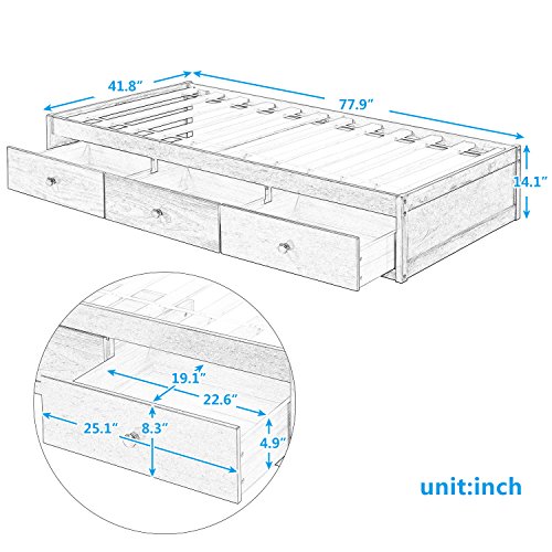 Hooseng Twin Size Platform Storage Bed with 3 Drawers,No Box Spring Needed, Brown Cherry