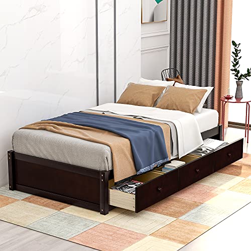 Hooseng Twin Size Platform Storage Bed with 3 Drawers,No Box Spring Needed, Brown Cherry