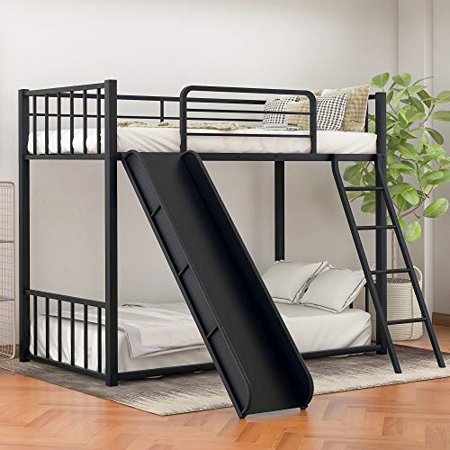 Harper & Bright Designs Twin Over Twin Metal Bunk Bed with Ladder and Slide, Heavy Duty Bed Frame with Safety Guard Rails, White