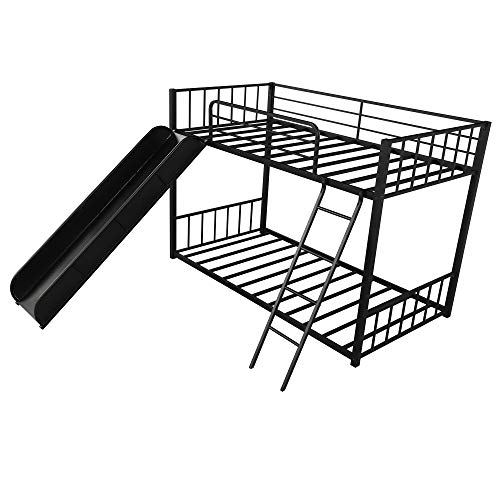 Harper & Bright Designs Twin Over Twin Metal Bunk Bed with Ladder and Slide, Heavy Duty Bed Frame with Safety Guard Rails, White