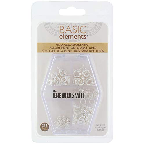 The Beadsmith Basic Elements Findings Assortments for Jewelry Making and Repair, Includes Lobster Clasps, Spring Rings, Jump Rings, End Tags, and Crimp Beads, Silver Color