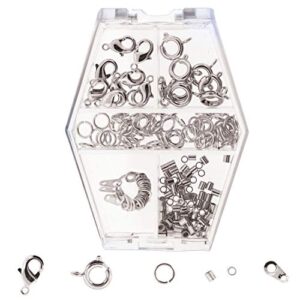 the beadsmith basic elements findings assortments for jewelry making and repair, includes lobster clasps, spring rings, jump rings, end tags, and crimp beads, silver color