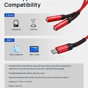 JSAUX USB C Microphone Adapter, USB C to Dual 3.5mm Female Aux Headphone Jack Y Splitter Mic Audio Adapter, Compatible with Samsung Galaxy S21/S20 ,Pixel 4/3/2 XL,Huawei P40/P30 Pro/P20,Oneplus 7-Red