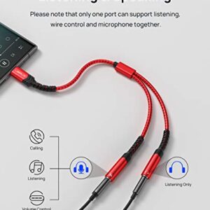 JSAUX USB C Microphone Adapter, USB C to Dual 3.5mm Female Aux Headphone Jack Y Splitter Mic Audio Adapter, Compatible with Samsung Galaxy S21/S20 ,Pixel 4/3/2 XL,Huawei P40/P30 Pro/P20,Oneplus 7-Red