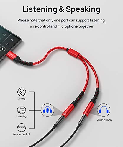 JSAUX USB C Microphone Adapter, USB C to Dual 3.5mm Female Aux Headphone Jack Y Splitter Mic Audio Adapter, Compatible with Samsung Galaxy S21/S20 ,Pixel 4/3/2 XL,Huawei P40/P30 Pro/P20,Oneplus 7-Red