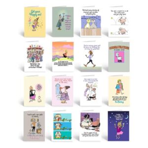 stonehouse collection 16 assorted funny birthday cards w/ envelopes, full color front & inside birthday cards, friendly humor greeting cards, boxed matte interior card stock set, us-made, 4.5" x 6.25"