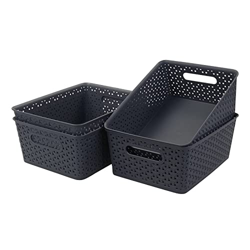 Readsky Plastic Woven Storage Basket with Handle, Gray, 4 Packs