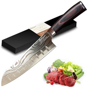 joyspot chef's knife - 7 inch japanese santoku kitchen knife - high carbon german stainless steel - razor sharp - stain & corrosion resistant - awesome edge retention with ergonomic handle