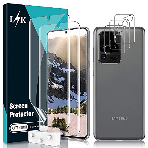 [2+3 Pack] LϟK Designed for Samsung Galaxy S20 Ultra 6.9 inch, 2 Pack Flexible TPU Screen Protector & 3 Pack Tempered Glass Camera Lens Protector, Support Fingerprint, Bubble Free - Alignment Frame