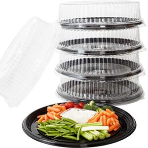avant grub heavy duty, recyclable 16 in. serving tray and lid 5pk. large, black plastic party platters with clear lids dishware plate, elegant round banquet or catering trays for serving