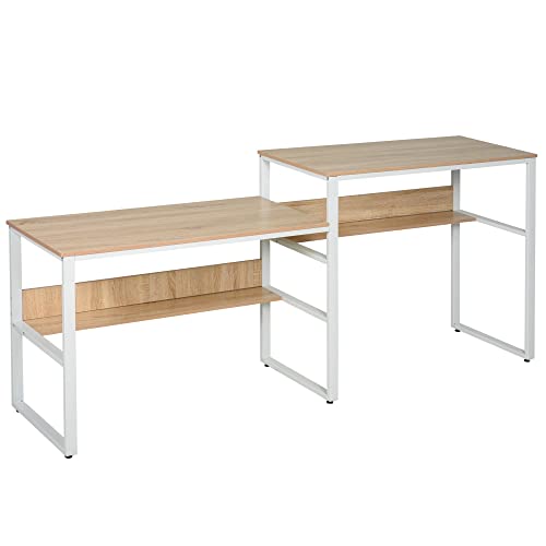 HOMCOM 86.5 Inch Two Person Desk Double Computer Table Writing Desk with Open Shelves Long Storage Workstation for Home Office White and Natural