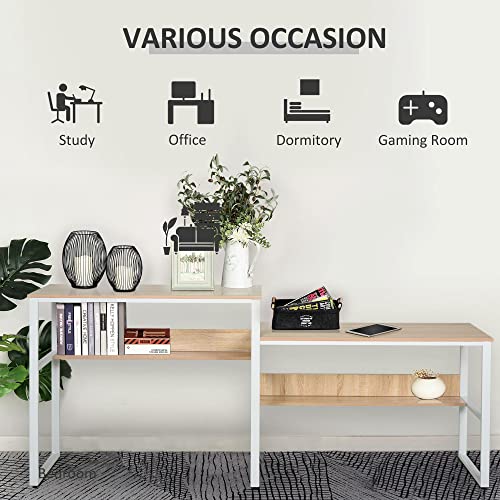 HOMCOM 86.5 Inch Two Person Desk Double Computer Table Writing Desk with Open Shelves Long Storage Workstation for Home Office White and Natural