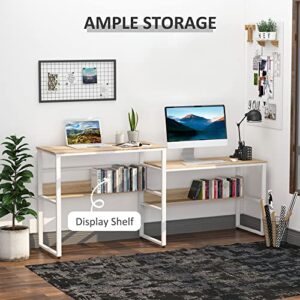 HOMCOM 86.5 Inch Two Person Desk Double Computer Table Writing Desk with Open Shelves Long Storage Workstation for Home Office White and Natural