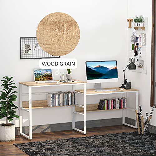 HOMCOM 86.5 Inch Two Person Desk Double Computer Table Writing Desk with Open Shelves Long Storage Workstation for Home Office White and Natural