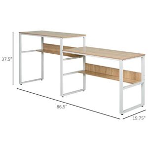 HOMCOM 86.5 Inch Two Person Desk Double Computer Table Writing Desk with Open Shelves Long Storage Workstation for Home Office White and Natural