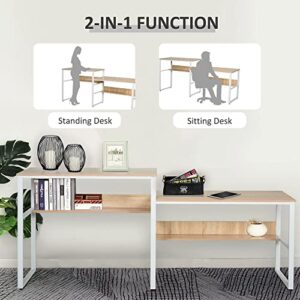 HOMCOM 86.5 Inch Two Person Desk Double Computer Table Writing Desk with Open Shelves Long Storage Workstation for Home Office White and Natural