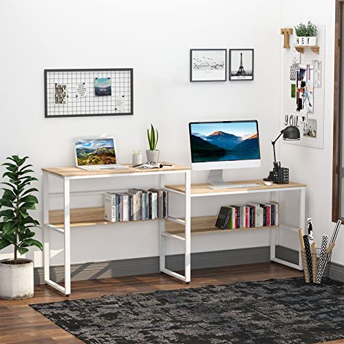 HOMCOM 86.5 Inch Two Person Desk Double Computer Table Writing Desk with Open Shelves Long Storage Workstation for Home Office White and Natural