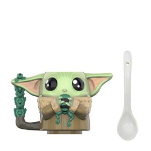 zak designs star wars the mandalorian sculpted ceramic coffee mug with spoon collectible keepsake with unique 3d character, 11.5 oz, baby yoda/the child with frog
