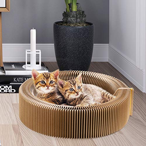 Collapsible Cat Scratcher Lounge Bed, Cardboard Cat Bed, Corrugated Pet Scratcher Pad, Round Cat Scratching Bed Nest for Indoor Big Large Kitty Kitten Cats