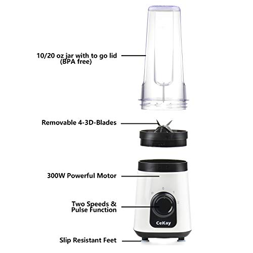 CeKay Personal Blender for Shakes, Smoothies, Food Prep, and Frozen Blending, with 10 oz & 20 oz BPA-Free Blender Cups