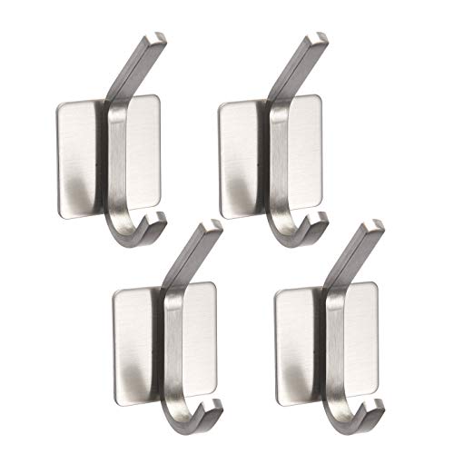 Grelity 4 Pack Adhesive Hooks, Self AdhesiveWall Mounted Hanger for Key Robe Coat Towel, Super Strong Heavy Duty Stainless Steel Hooks, No Drill No Screw (Silver)