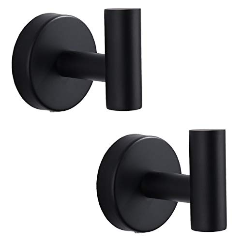 Flybath Coat Hook SUS 304 Stainless Steel Bathroom Towel Robe Hook Shower Kitchen Hanging Hooks Wall Mounted, Matte Black - 2 Pack