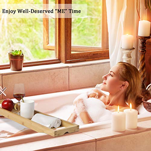 uxcell Bamboo Bathtub Tray, Bathroom Caddy Organizer, Non Slip Bath Serving Table Tray, with Phone/Book/Glass/Holders for Bath