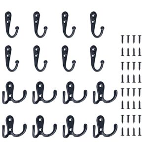 bligo 16 pack black coat hooks - 8 double hooks and 8 single hooks for hanging towel hat bag, heavy duty wall mounted coat hanger with screws for bathroom kitchen