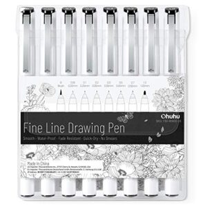 ohuhu fineliner drawing pens: 8 sizes fineliner pens pigment black ink micro pens assorted point sizes waterproof for writing drawing journaling sketching anime manga watercolor artists beginners
