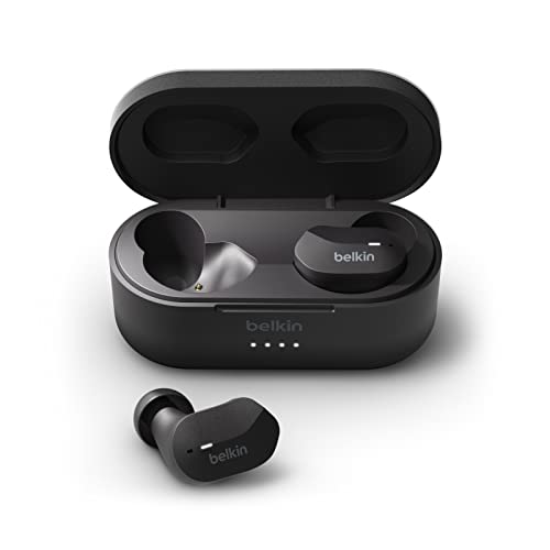 Belkin SoundForm True Wireless Earbuds, Bluetooth Headphones with Microphone, Touch Controls, IPX5 Sweat & Splash Resistant for iPhone 14, Pro, Max, Mini & Galaxy S23 with Charging Case - Black