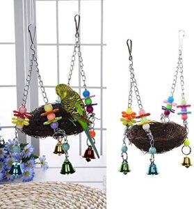 bird swing nest chew toy with bells natural rattan for small medium parrots parakeet cockatiel cockatoo african grey canary conure finch lovebird cage accessories (s)