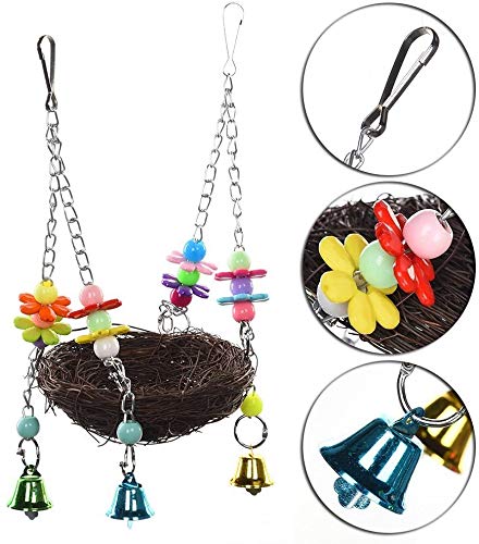 Bird Swing Nest Chew Toy with Bells Natural Rattan for Small Medium Parrots Parakeet Cockatiel Cockatoo African Grey Canary Conure Finch Lovebird Cage Accessories (S)