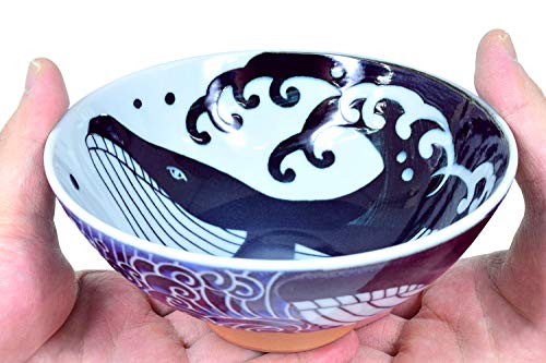 Mino Ware Japanese Rice Bowl, Rice Ramen Noodle Soup Sarada Pasta, Wave Whale Chawn, 5.7 inch 17.5oz Set of 2