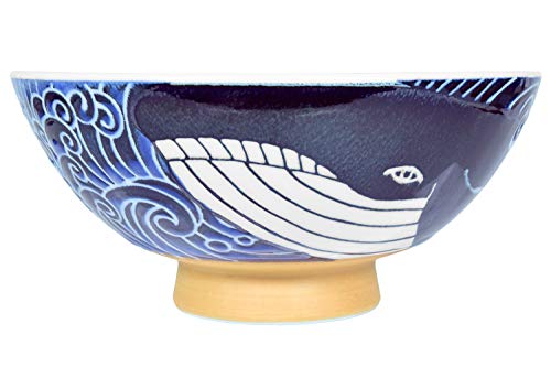 Mino Ware Japanese Rice Bowl, Rice Ramen Noodle Soup Sarada Pasta, Wave Whale Chawn, 5.7 inch 17.5oz Set of 2