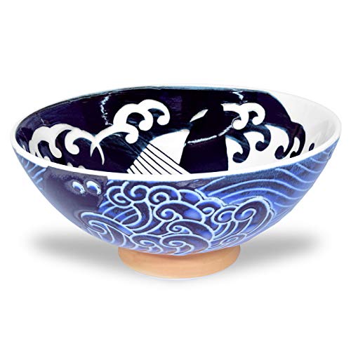 Mino Ware Japanese Rice Bowl, Rice Ramen Noodle Soup Sarada Pasta, Wave Whale Chawn, 5.7 inch 17.5oz Set of 2