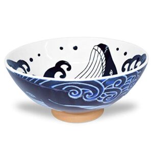 Mino Ware Japanese Rice Bowl, Rice Ramen Noodle Soup Sarada Pasta, Wave Whale Chawn, 5.7 inch 17.5oz Set of 2