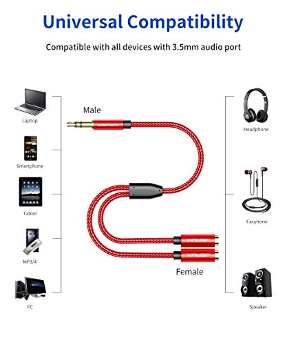 JSAUX Headphone Splitter 3.5mm, Audio Splitter 2 Female to 1 Male, Dual Headphone Adapter Compatible with PS4, PS5, Xbox, Nintendo Switch, PC Gaming Headsets, Phone, Tablet, Laptop and More-Red