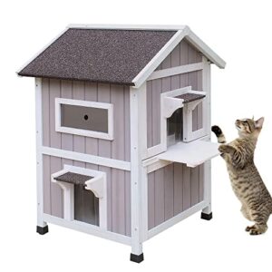 hicaptain outdoor cat house, wooden feral cat shelter weatherproof outside 2 story large kitty house with escape door