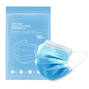 disposable face mask, 3-layer safety mask anti dust breathable mouth mask with earloop (50 pack)