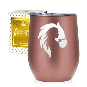 onebttl horse gifts for women, girls, insulated stainless steel wine tumbler with lid, equestrian gifts for horse lovers, cowgirls, perfect for birthday, rose gold