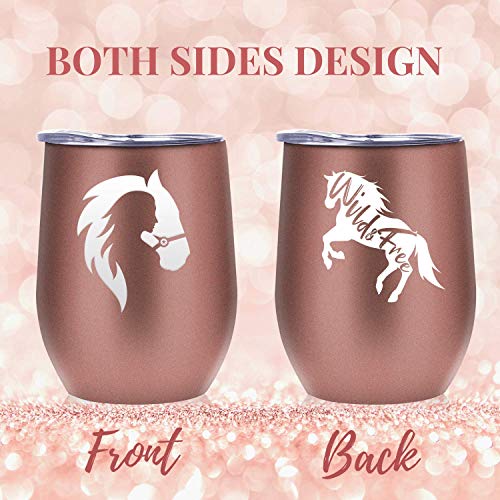 Onebttl Horse Gifts for Women, Girls, Insulated Stainless Steel Wine Tumbler with Lid, Equestrian Gifts for Horse Lovers, Cowgirls, Perfect for Birthday, Rose Gold